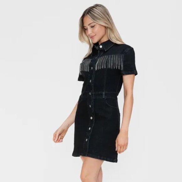 bytos Full Size Embellished Button Down Short Sleeve Denim Dress - Picture 5 of 5